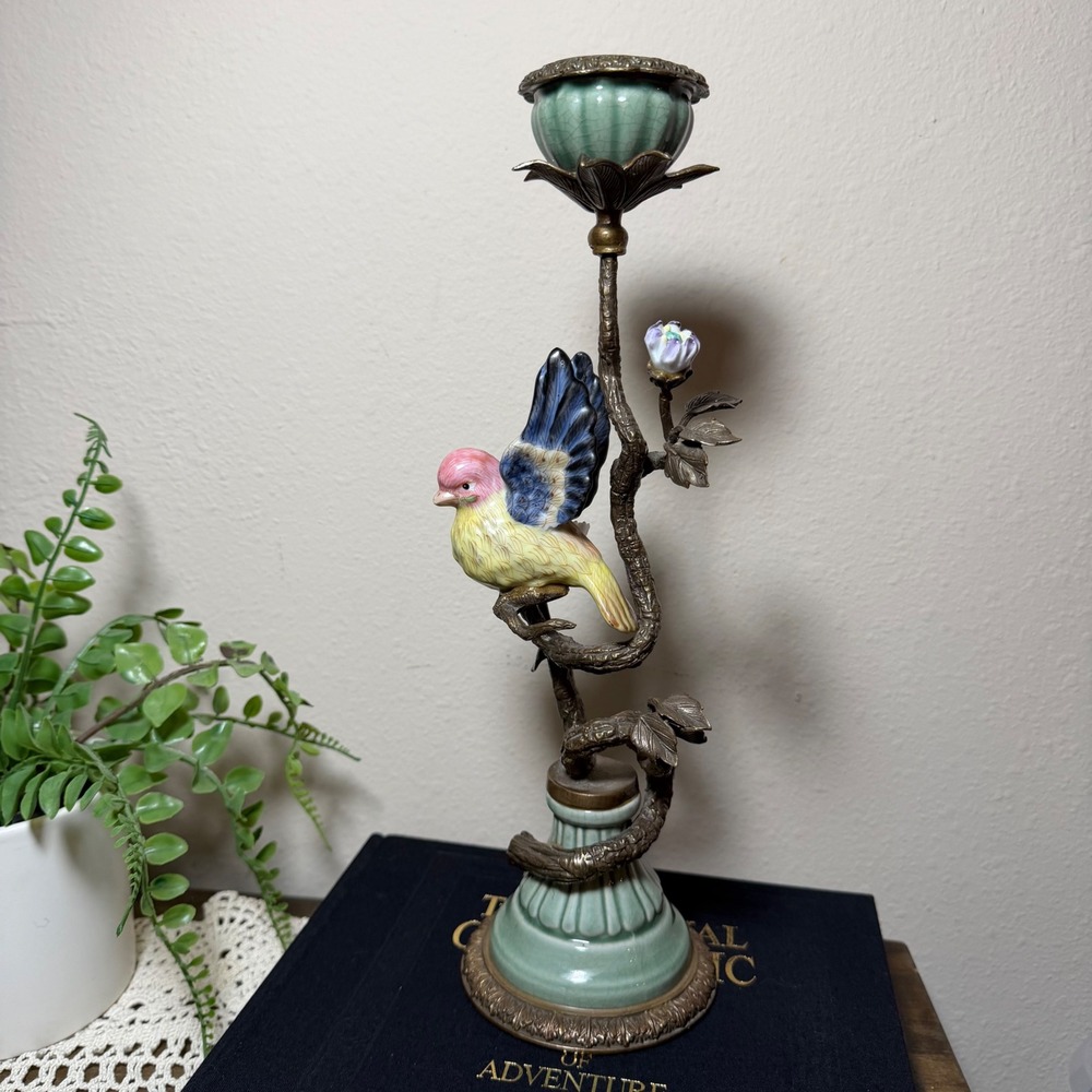 Mark Roberts Bronze Porcelain Bird Candle Holder Celadon Floral Rare 13"